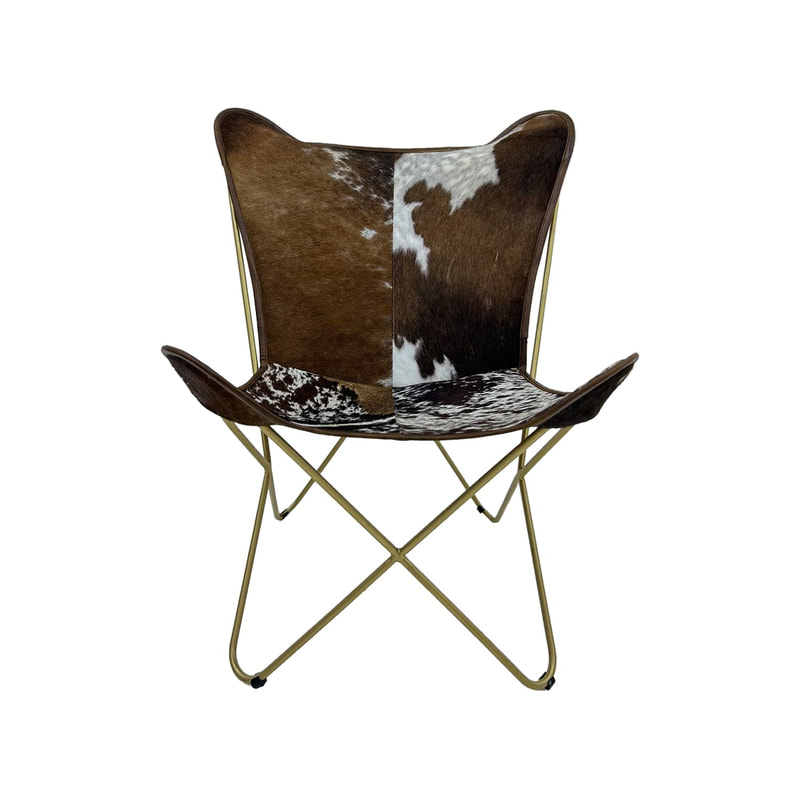 F-AC137-WB Cassidy accent chair in brown + white leather hide with black metal frame 