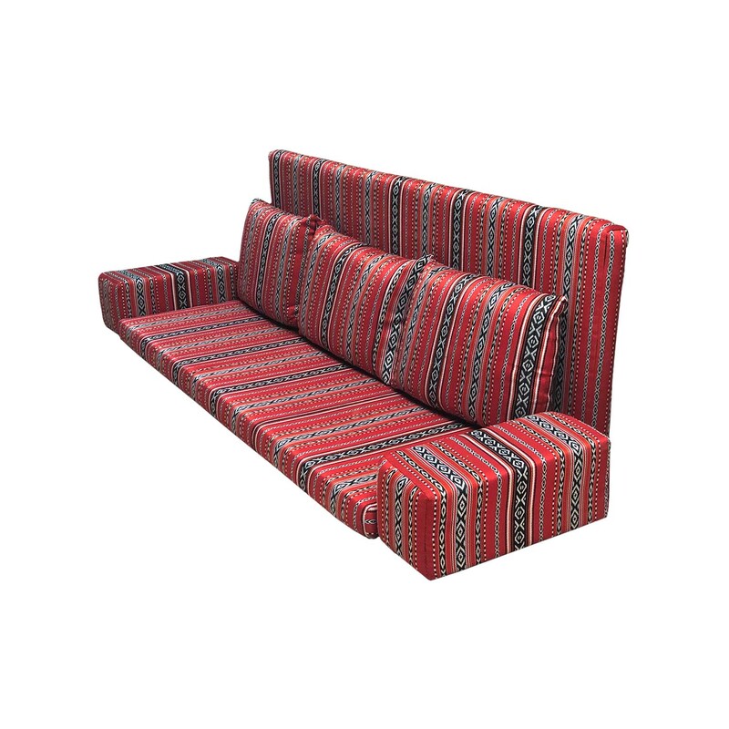 F-AK382-RE Type 2 Arabic seating set with back & base cushion, three pillows & armrest in red fabric