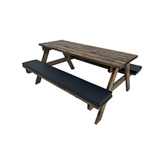 F-BK201-BL Type 1 Picnic bench in dark stained wood. Seats 6-8 people with a combination of black seat pads 