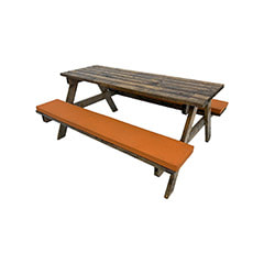 F-BK201-OR Type 1 Picnic bench in dark stained wood. Seats 6-8 people with a combination of orange seat pads 