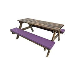 F-BK201-PR Type 1 Picnic bench in dark stained wood. Seats 6-8 people with a combination of purple seat pads 