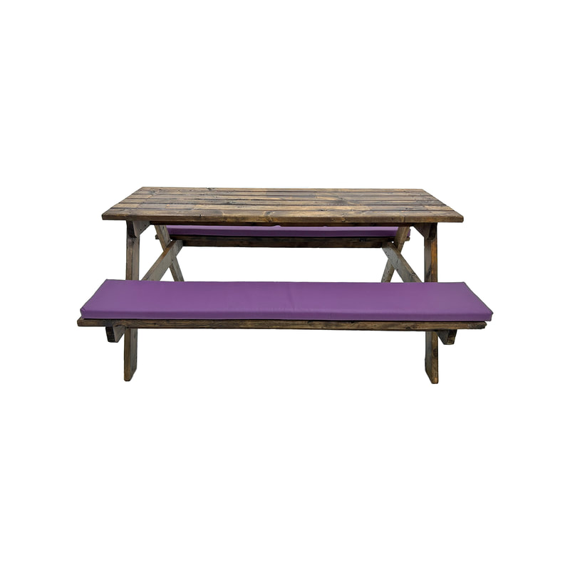 F-BK201-PR Type 1 Picnic bench in dark stained wood. Seats 6-8 people with a combination of purple seat pads 