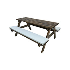 F-BK201-WH Type 1 Picnic bench in dark stained wood. Seats 6-8 people with a combination of white seat pads 