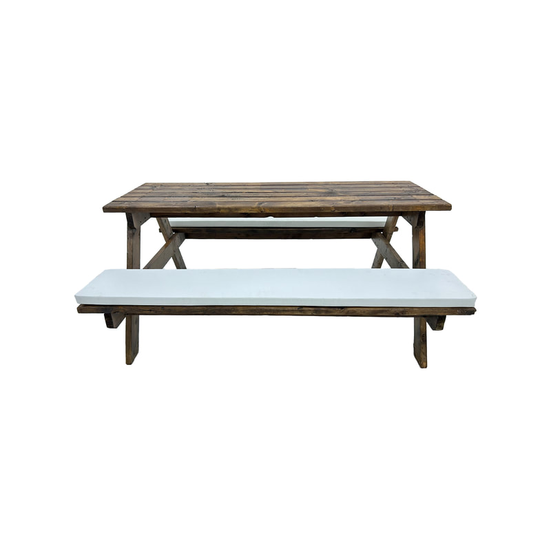 F-BK201-WH Type 1 Picnic bench in dark stained wood. Seats 6-8 people with a combination of white seat pads 