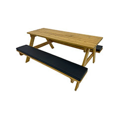 F-BK301-BL Type 1 Picnic bench in light stained wood. Seats 6-8 people with a combination of black seat pads 
