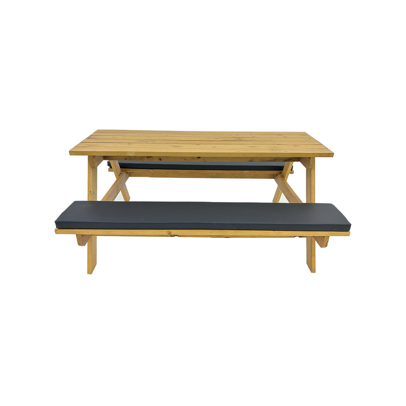 F-BK301-BL Type 1 Picnic bench in light stained wood. Seats 6-8 people with a combination of black seat pads 