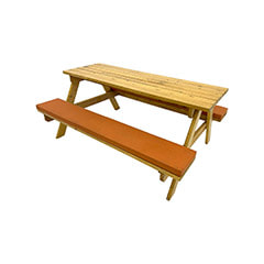 F-BK301-OR Type 1 Picnic bench in light stained wood. Seats 6-8 people with a combination of orange seat pads 