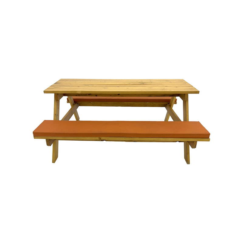 F-BK301-OR Type 1 Picnic bench in light stained wood. Seats 6-8 people with a combination of orange seat pads 