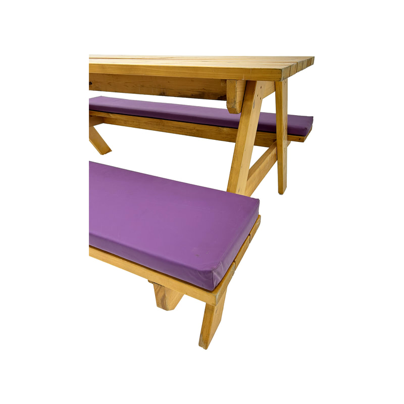 F-BK301-PR Type 1 Picnic bench in light stained wood. Seats 6-8 people with a combination of purple seat pads 