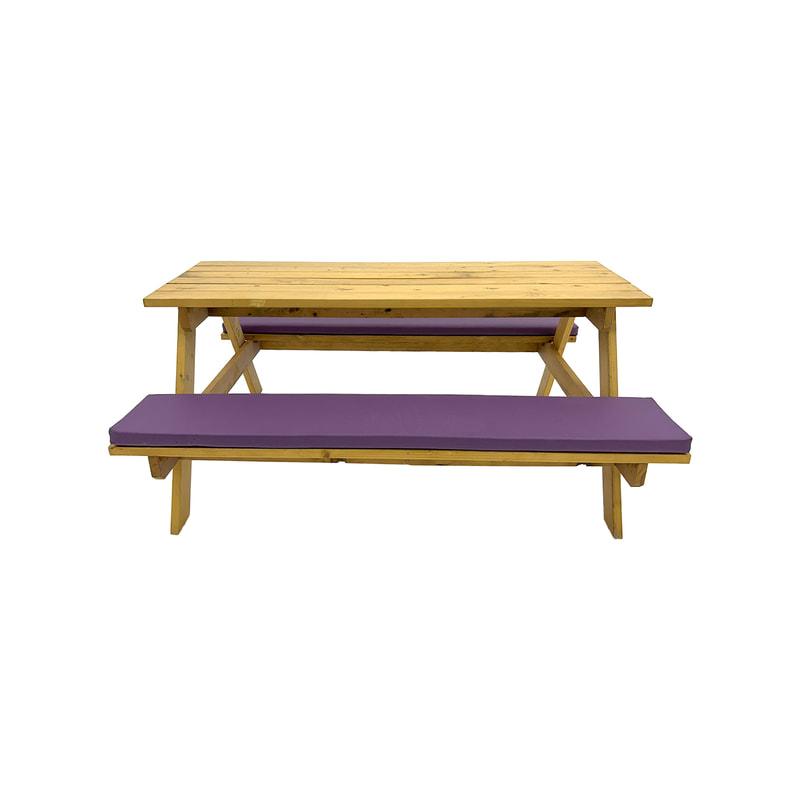 F-BK301-PR Type 1 Picnic bench in light stained wood. Seats 6-8 people with a combination of purple seat pads 