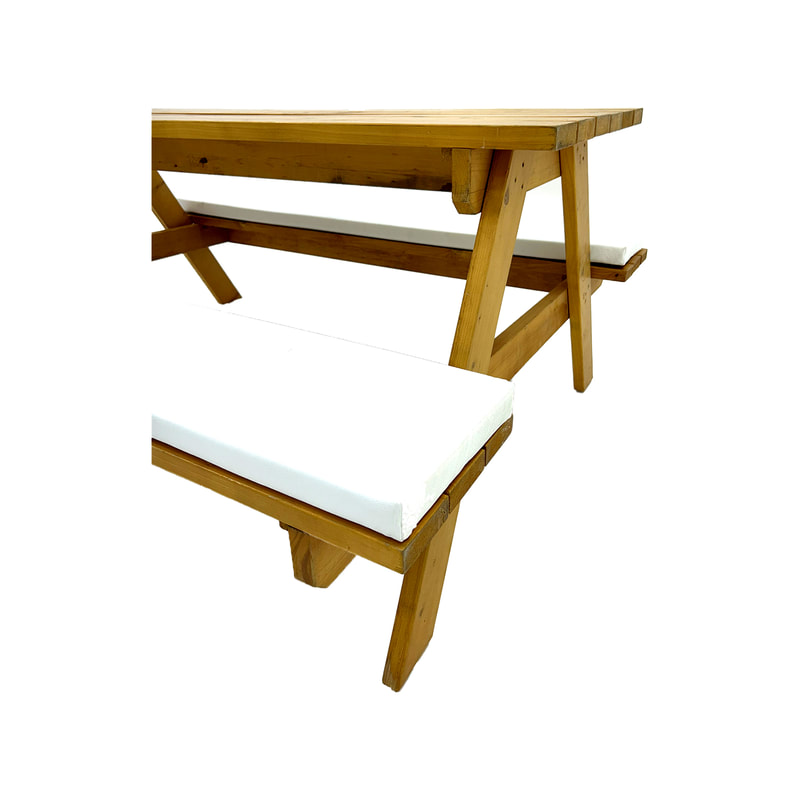 F-BK301-WH Type 1 Picnic bench in light stained wood. Seats 6-8 people with a combination of white seat pads 