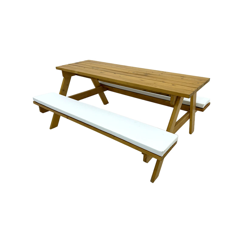 F-BK301-WH Type 1 Picnic bench in light stained wood. Seats 6-8 people with a combination of white seat pads 