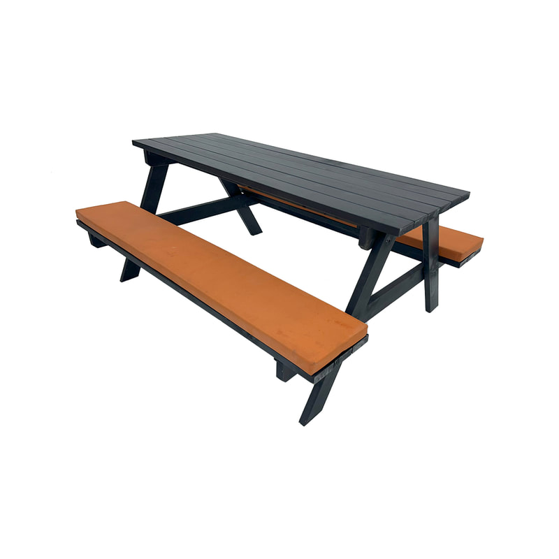 F-BK401-OR Type 1 Picnic bench in black. Seats 6-8 people with a combination of orange seat pads 