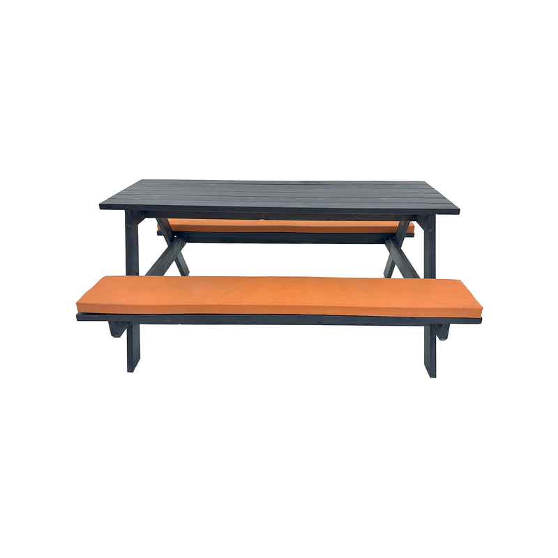 F-BK401-OR Type 1 Picnic bench in black. Seats 6-8 people with a combination of orange seat pads 