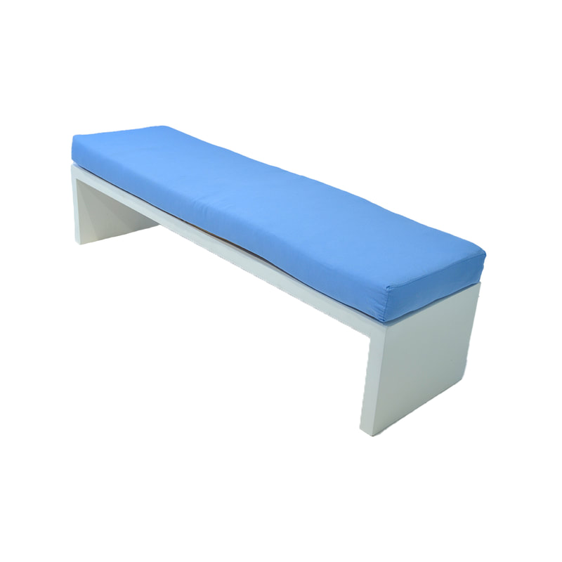F-BN101-LB Milan bench with light blue seat pad and base in white paint finish