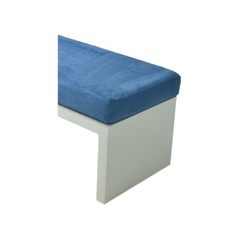F-BN101-PB Milan bench with petrol blue seat pad and base in white paint finish