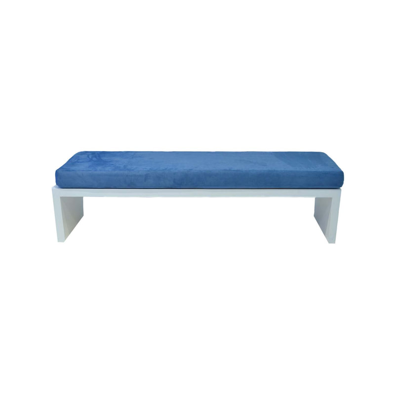 F-BN101-PB Milan bench with petrol blue seat pad and base in white paint finish
