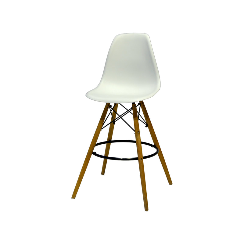 F-BS130-WH Eames barstool in white with wooden legs & metal footrest