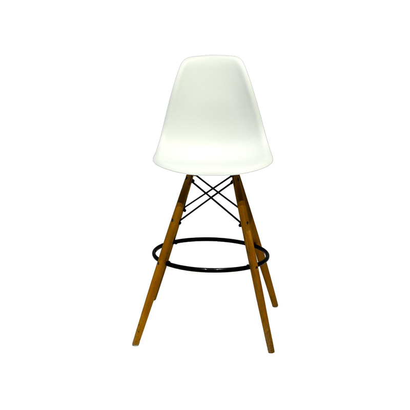 F-BS130-WH Eames barstool in white with wooden legs & metal footrest