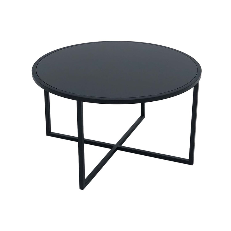 F-CT107-BL Enzo round coffee table with black glass top and black metal frame