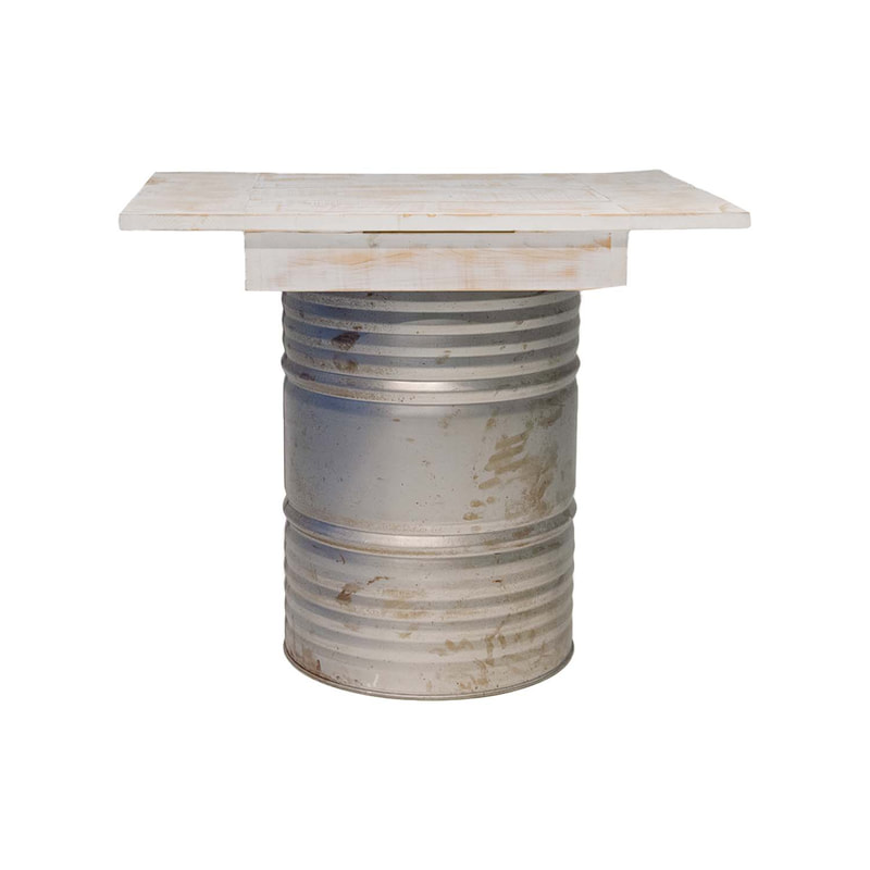 Type 2 Rex high table in off-white tinted wood with distressed oil drum