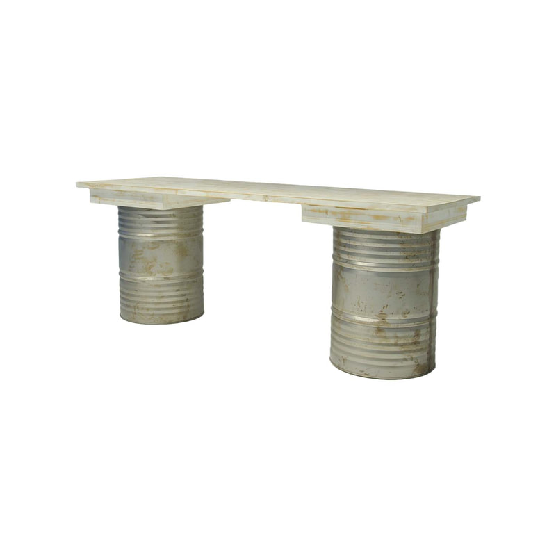 F-OL503-OW Type 3 Rex high table in off-white tinted wood with 2 x distressed oil drums
