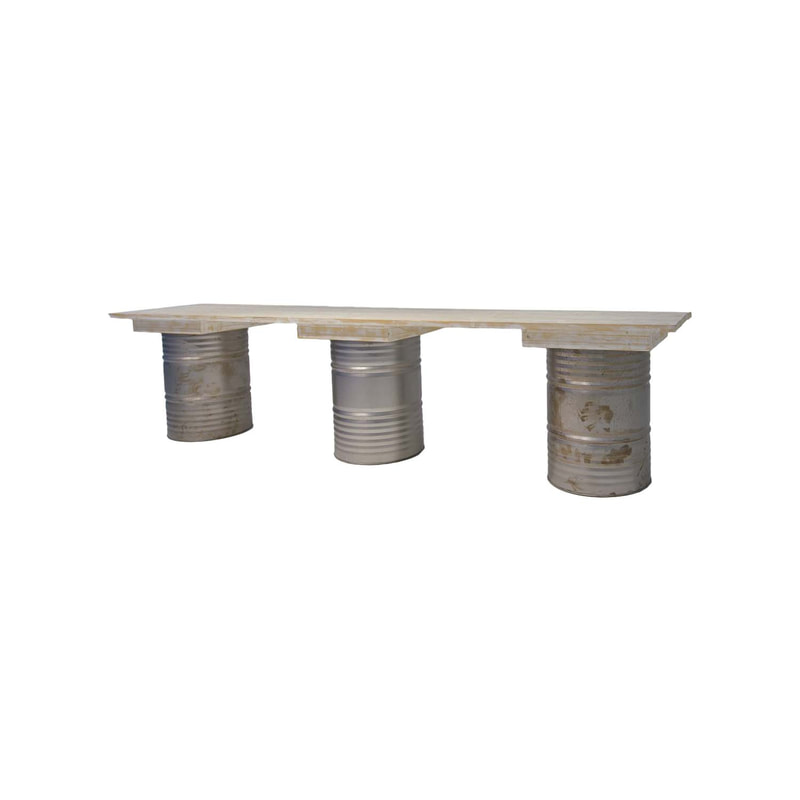 F-OL504-OW Type 4 Rex high table in off-white tinted wood with 3 x distressed oil drums