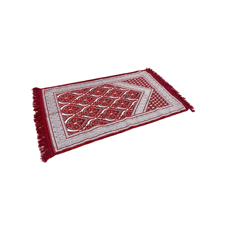 F-PR116-RS Marya prayer mat with dark red and silver arabic pattern, packed in a individual bag