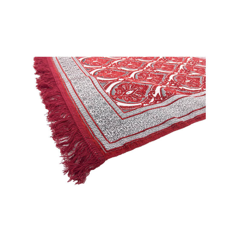F-PR116-RS Marya prayer mat with dark red and silver arabic pattern, packed in a individual bag