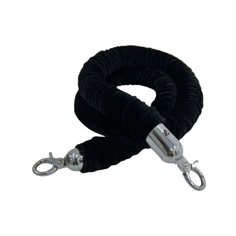 F-RP111-BL - Black velvet rope with silver metal ends - 1.5m long