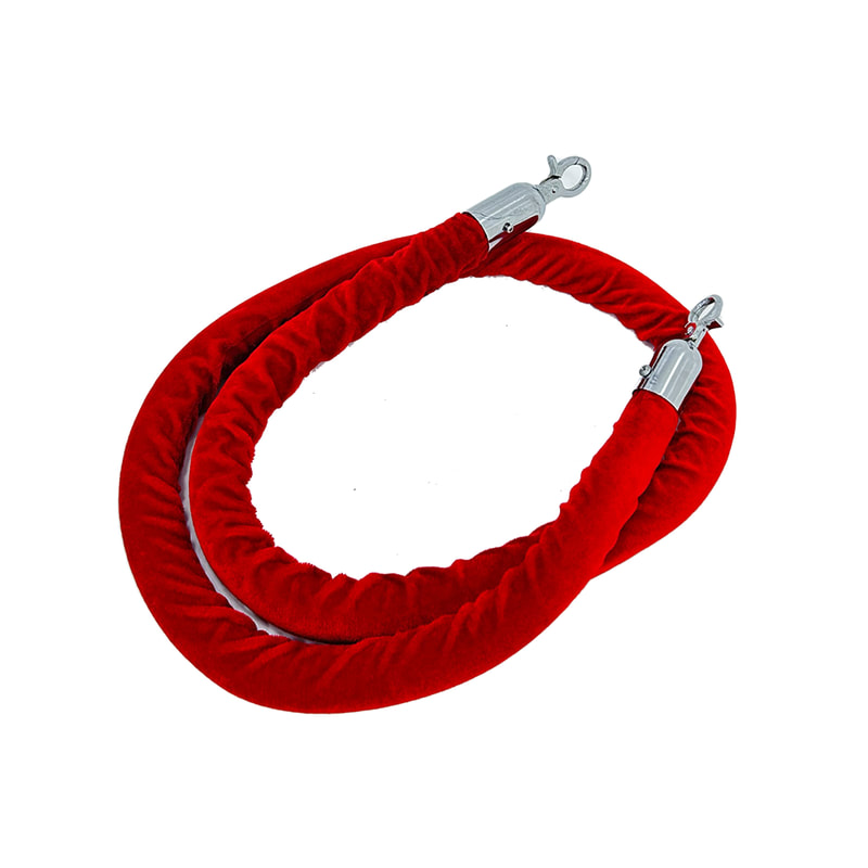 F-RP111-RE - Red velvet rope with silver metal ends - 1.5m long
