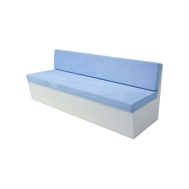 F-SB105-LB three seater Hana bench sofa with white wooden base and light blue suede fabric cushions