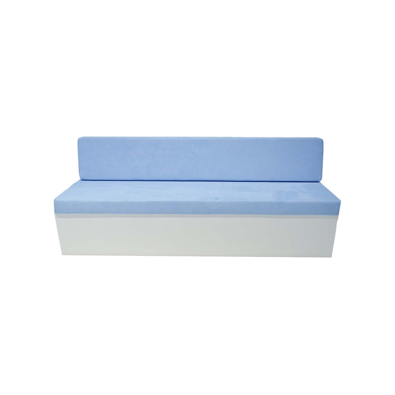 F-SB105-LB three seater Hana bench sofa with white wooden base and light blue suede fabric cushions