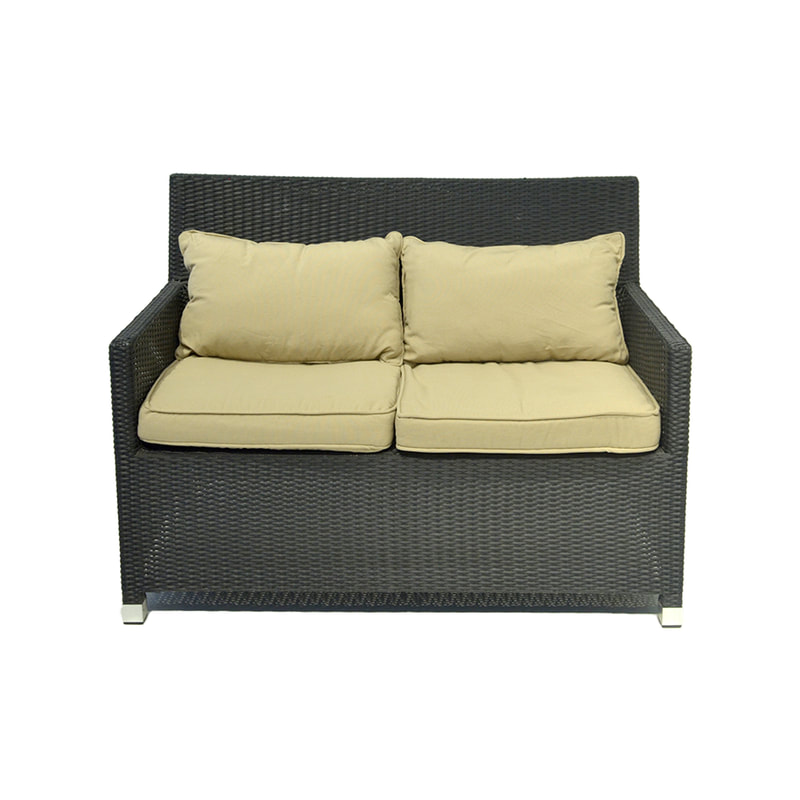 F-SD162-BD Gubi double seater sofa in dark brown rattan with beige cushions