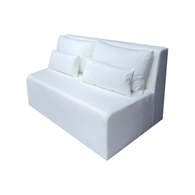F-SD172-WH Cansu double seater right angled sofa in white fabric with wooden legs