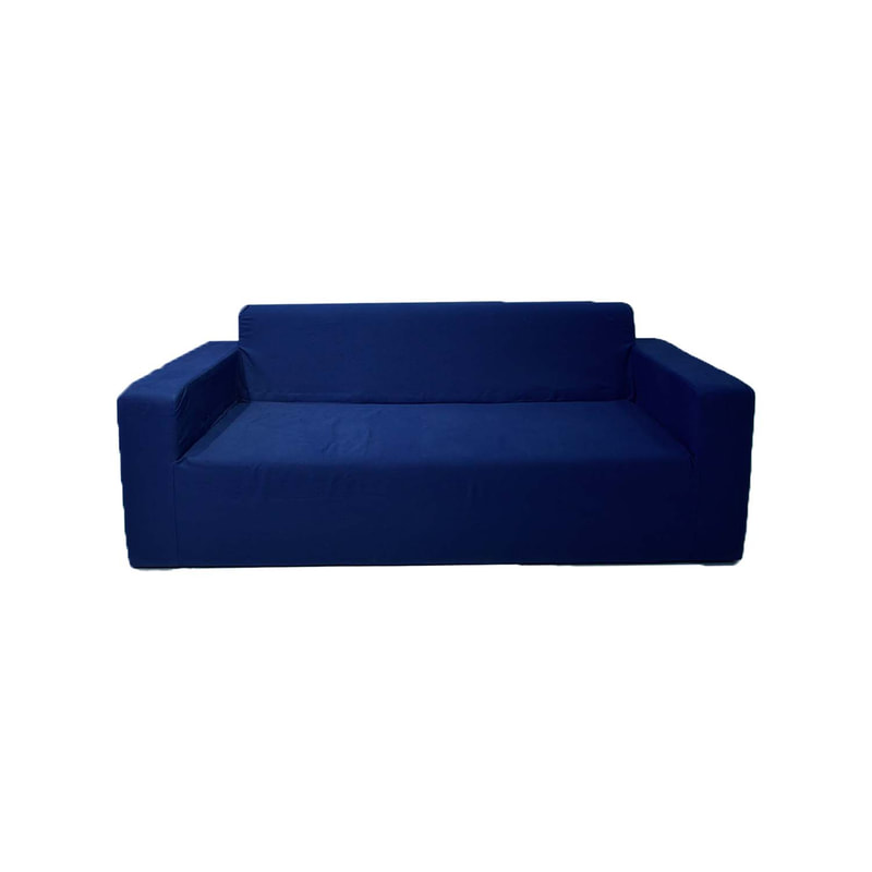 F-SD176-DB Alden double seater sofa in dark blue fabric with armrests & wooden legs