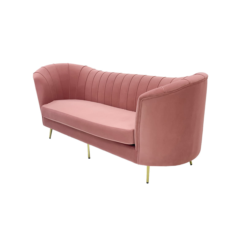F-SF104-BP Monroe three seater sofa in blush pink velvet with gold legs