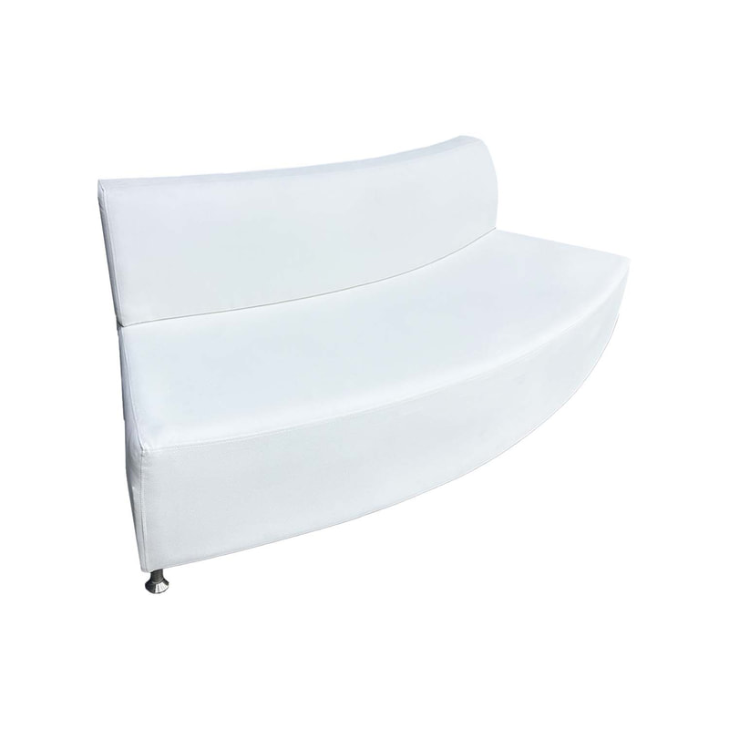 F-SF114-WH Olivia three seater outward curved sofa in white leather with silver metal legs