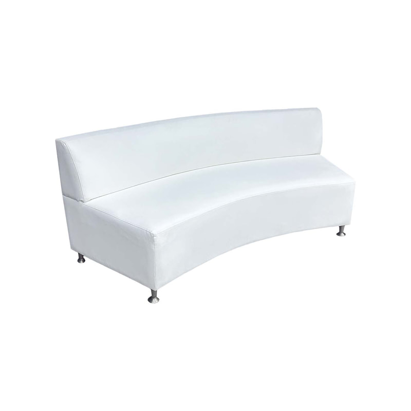 F-SF115-WH Olivia three seater inward curved sofa in white leather with silver metal legs