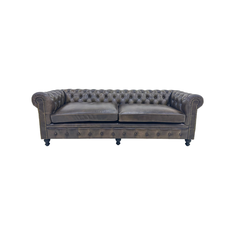 F-SF120-DT Churchill three seater sofa in dark tan genuine leather with wooden feet