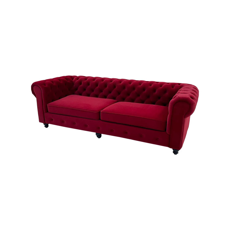 F-SF124-DR Botello three seater sofa in dark red velvet with gold feet