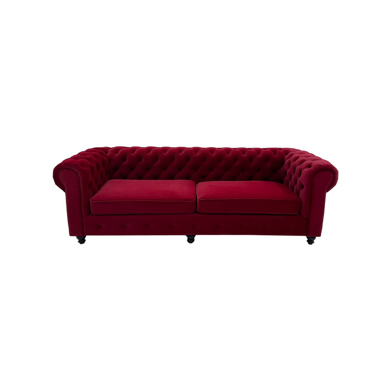 F-SF124-DR Botello three seater sofa in dark red velvet with gold feet