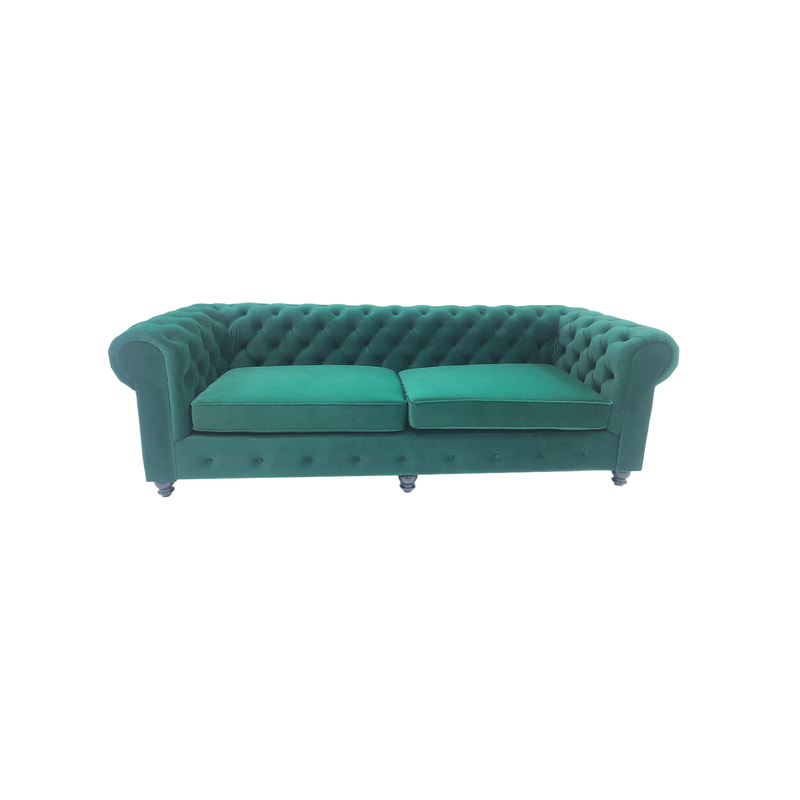 F-SF124-EG Botello three seater sofa in emerald green velvet with black feet