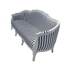 F-SF132-BW Vienna three seater sofa in black and white striped fabric with white painted wooden legs