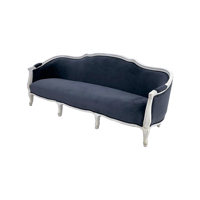 F-SF132-BL Vienna three seater sofa in black velvet fabric with white painted wooden legs