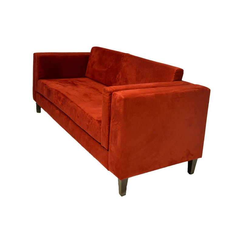 F-SF147-RE Lewi three seater sofa in red velvet with wooden legs