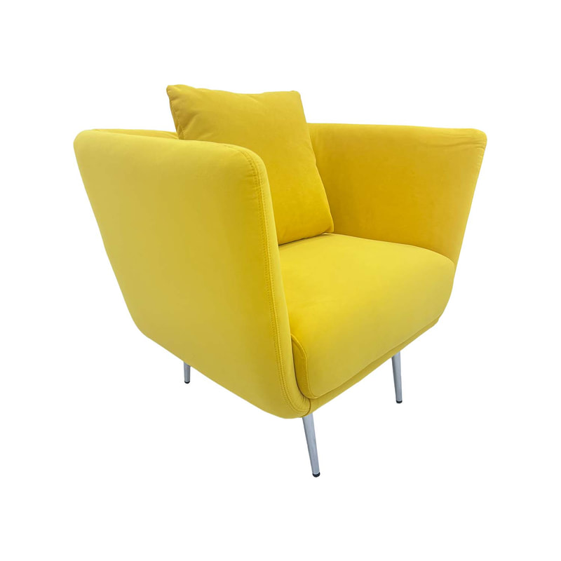 F-SN107-YL Rio single seater sofa in yellow velvet with silver legs