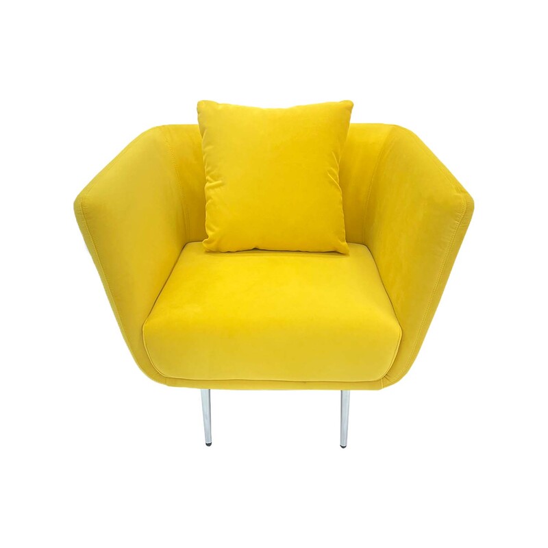 F-SN107-YL Rio single seater sofa in yellow velvet with silver legs