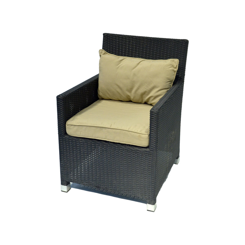 F-SN162-BD Gubi single seater sofa in dark grey rattan with beige cushions