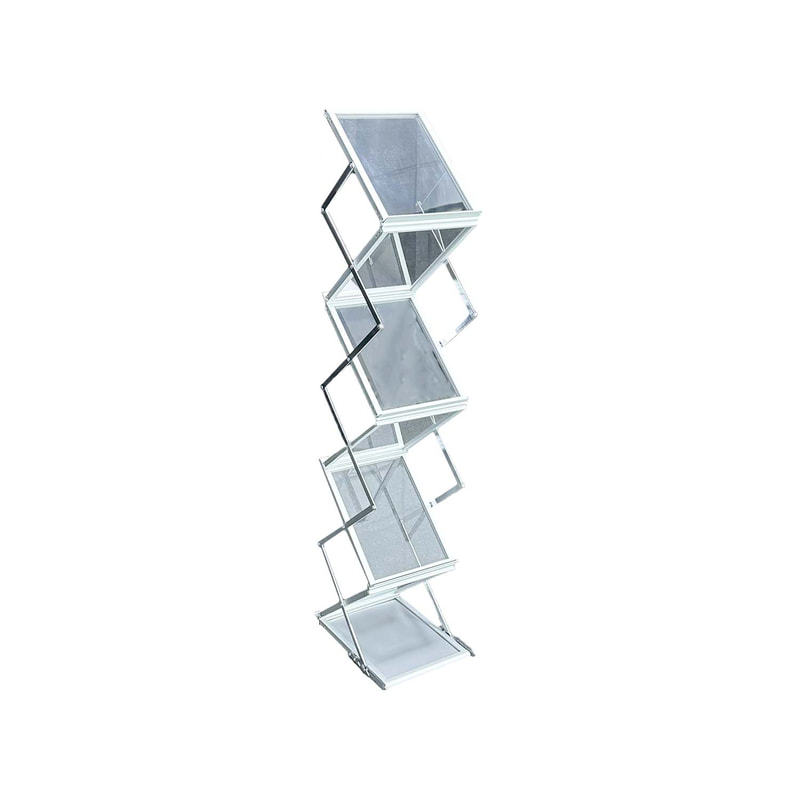 F-SS103-SI Type 1 Collapsible brochure stand in silver metal finish with acrylic panel shelves